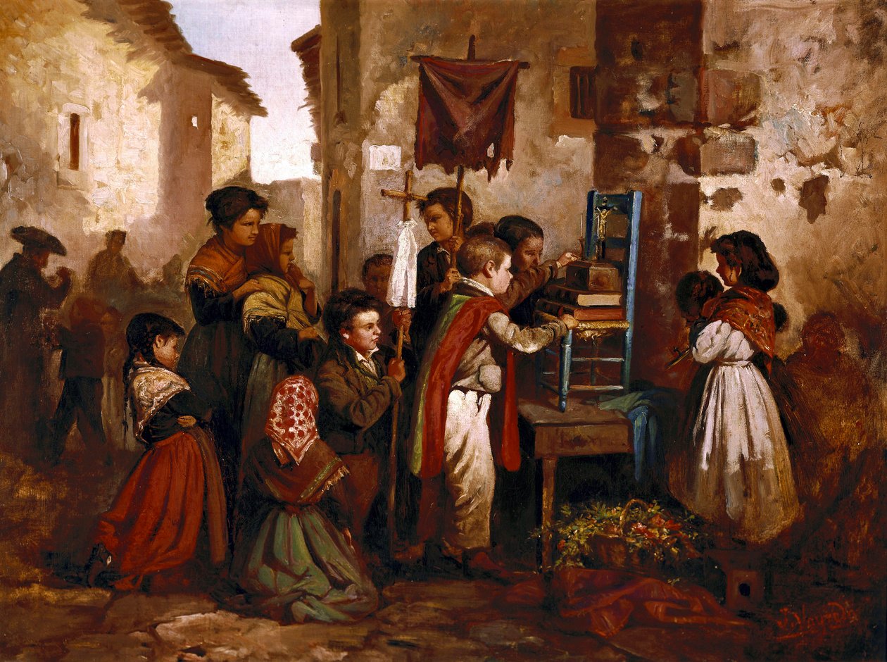 Kinderen spelen in de religieuze processie, schilderij door Joaquim Vayreda y Vila door Joaquin Vayreda