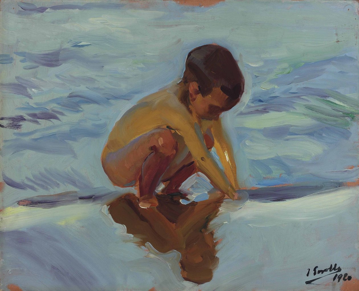 Tegenlicht op het strand, gehurkt kind door Joaquín Sorolla