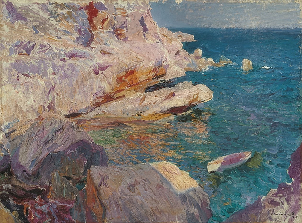 Rotsen van Jávea met witte boot door Joaquín Sorolla