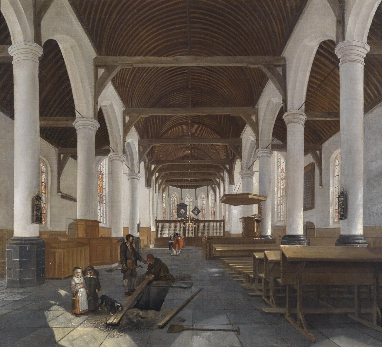 Het interieur van een barokke kerk (de Oude Kerk in Amsterdam?) door Job Berckheyde