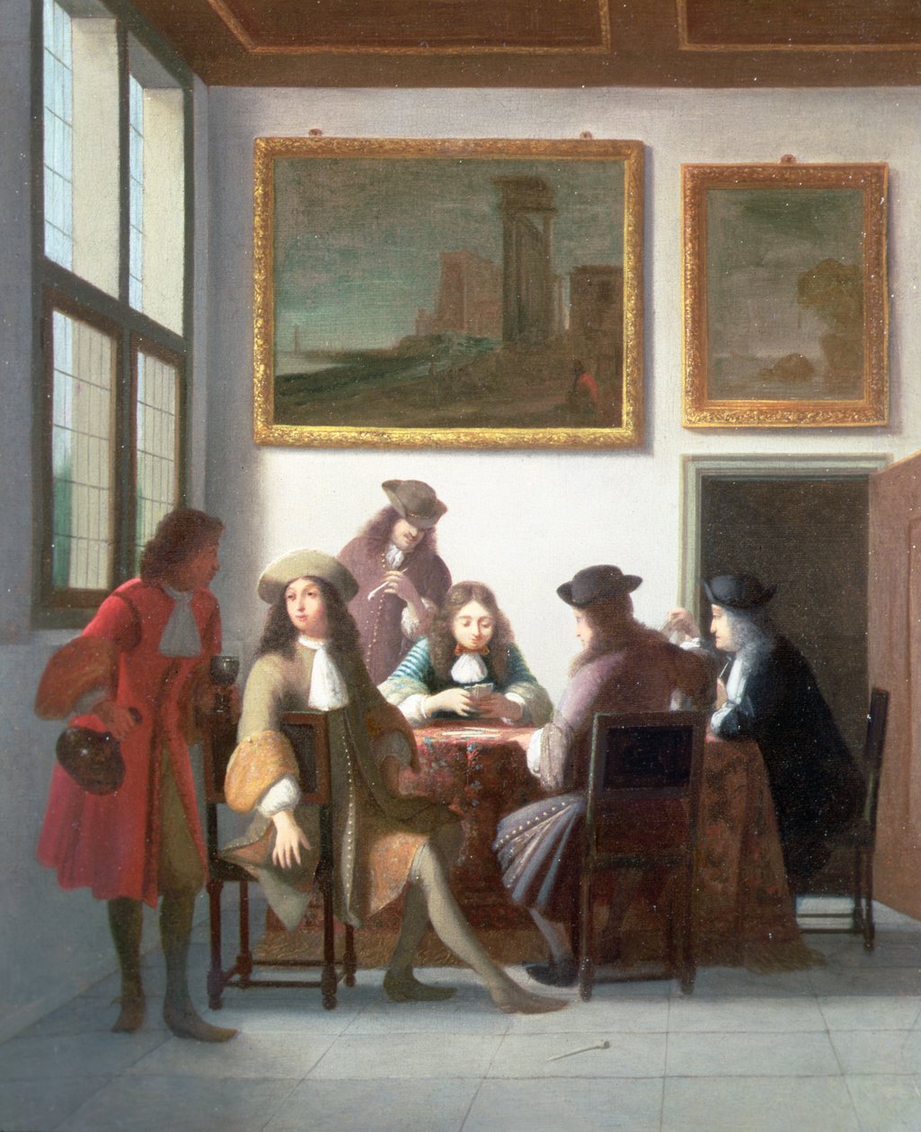 Een Elegant Interieur met Mannen die Kaarten Spelen door Job Berckheyde