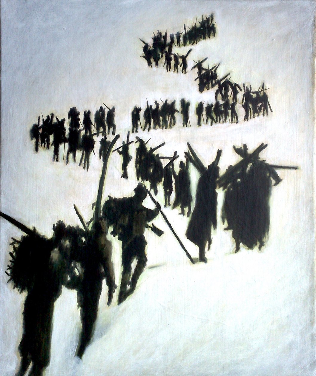 Soldaten in de sneeuw c. 1999 (acryl op paneel) door Joby Hickey