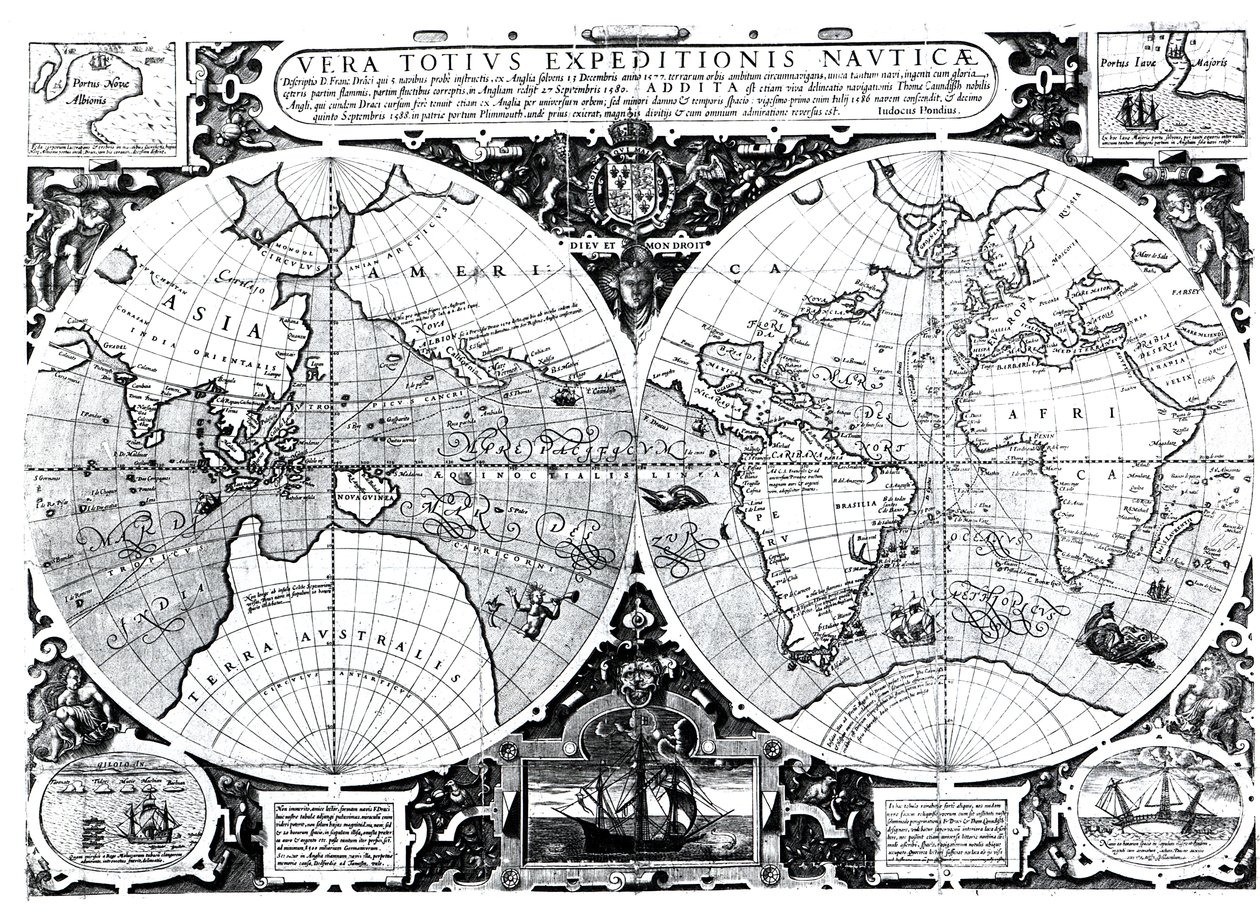 Wereldkaart; Vera Totius Expeditionis Nauticae, kaart van de wereldomzeiling door (links) Sir Francis Drake (1540-96) en (rechts) Thomas Cavendish (1560-92) c.1595 door Jodocus Hondius