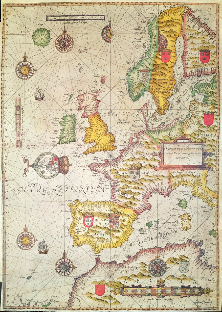Een algemene kaart en beschrijving van de zeekusten van Europa en navigatie in dit boek bevat (handgekleurde gravure) door Jodocus Hondius