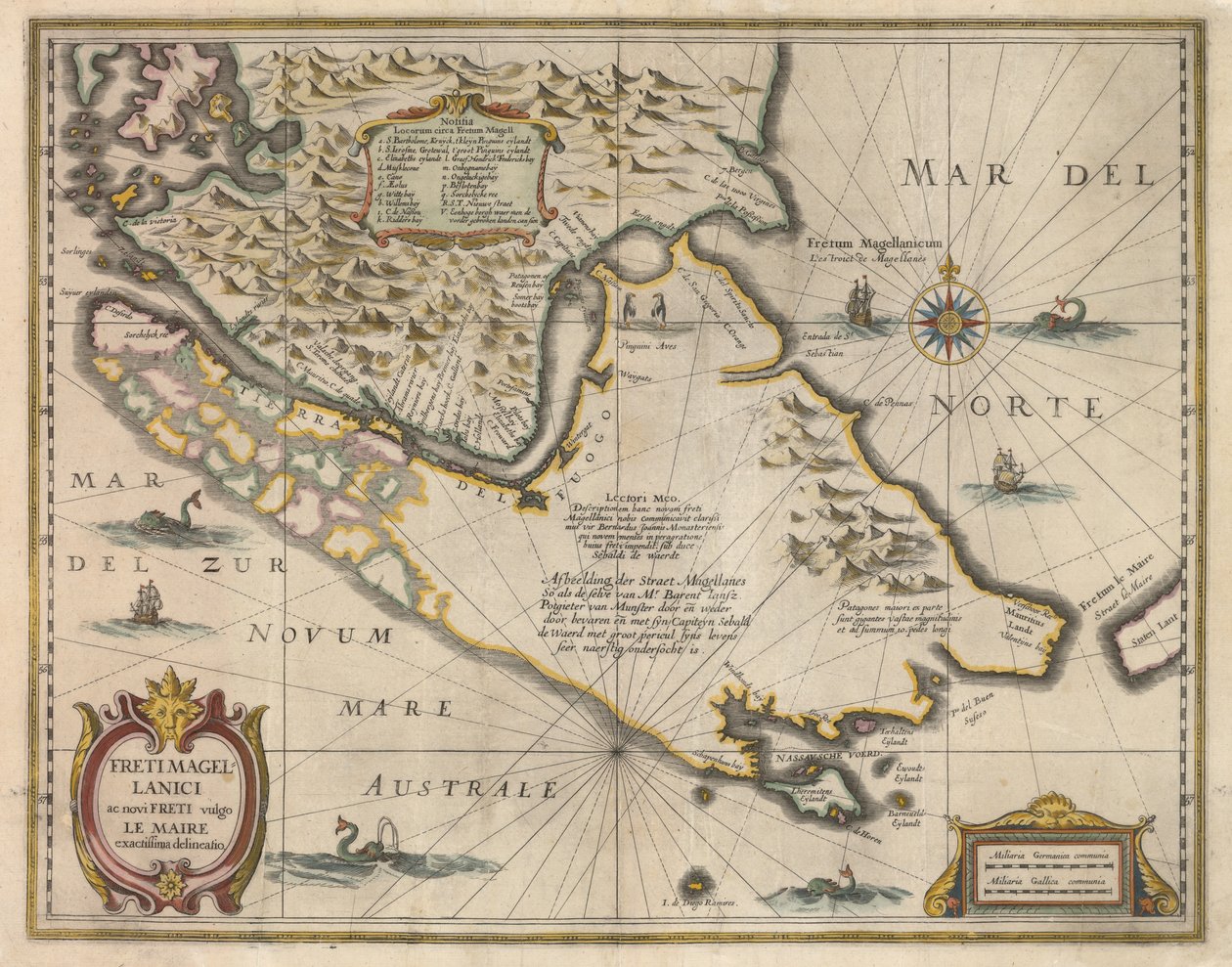 Freti Magellanici ac novi freti vulgo Le Maire exactissima delineatio, ca. 1630 door Jodocus Hondius