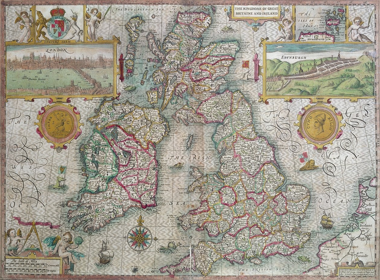 Kaart van het Koninkrijk Groot-Brittannië en Ierland, 1610 door Jodocus Hondius