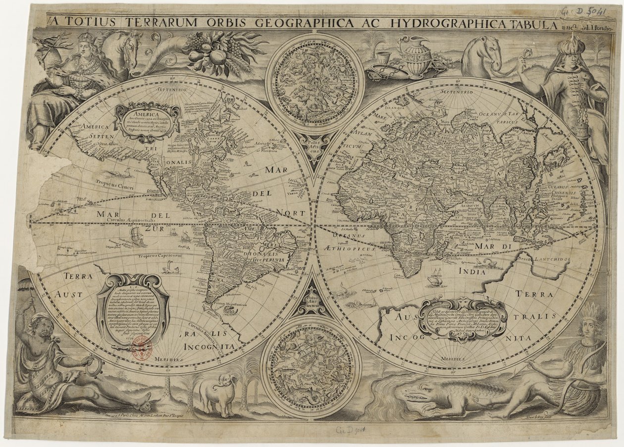 Nova totius terrarum orbis geographica ac hydrographica tabula Wereldkaart, 1631 door Jodocus Hondius
