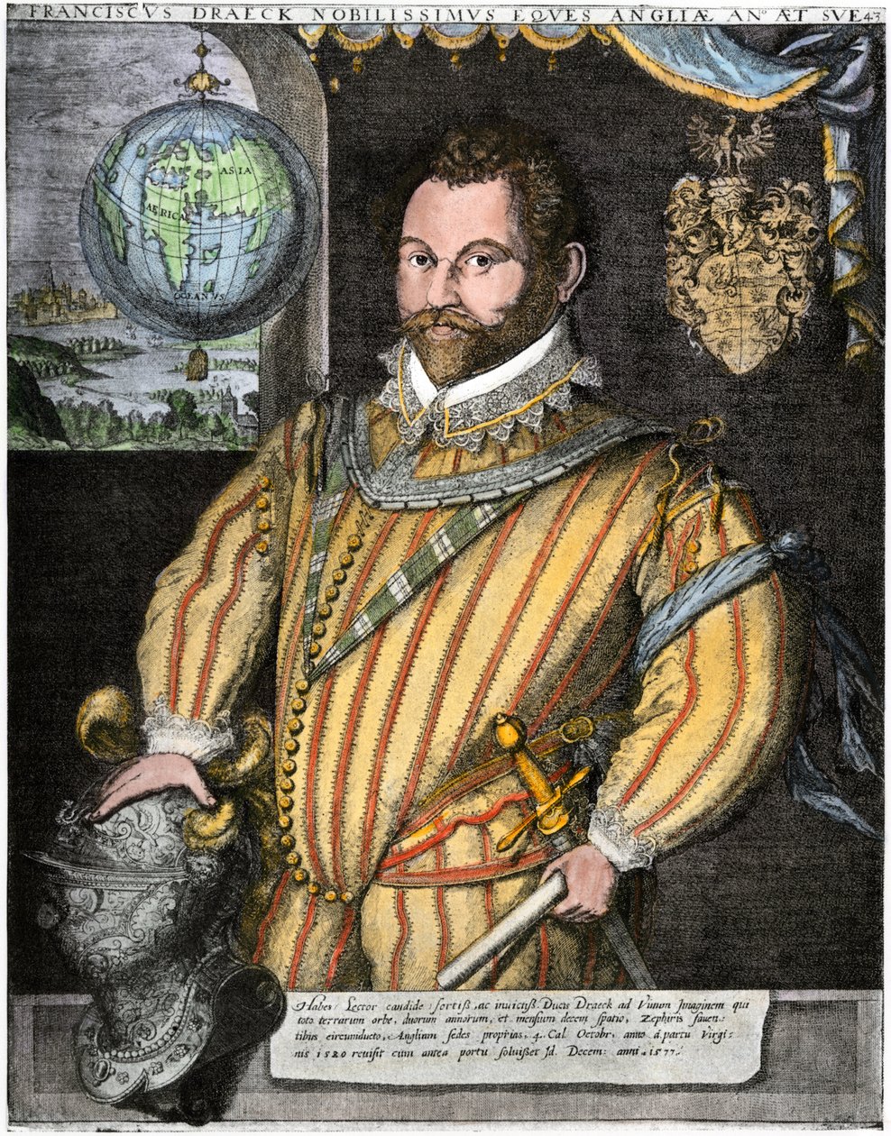 Portret van Sir Francis Drake (gravure) door Jodocus Hondius