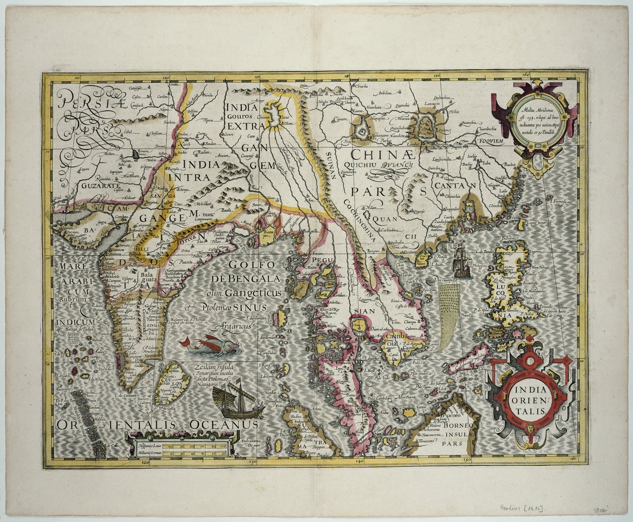 Het Indiase subcontinent naar de Filippijnen via de noordelijke delen van de Indonesische archipel en het Maleisische schiereiland door Jodocus Hondius