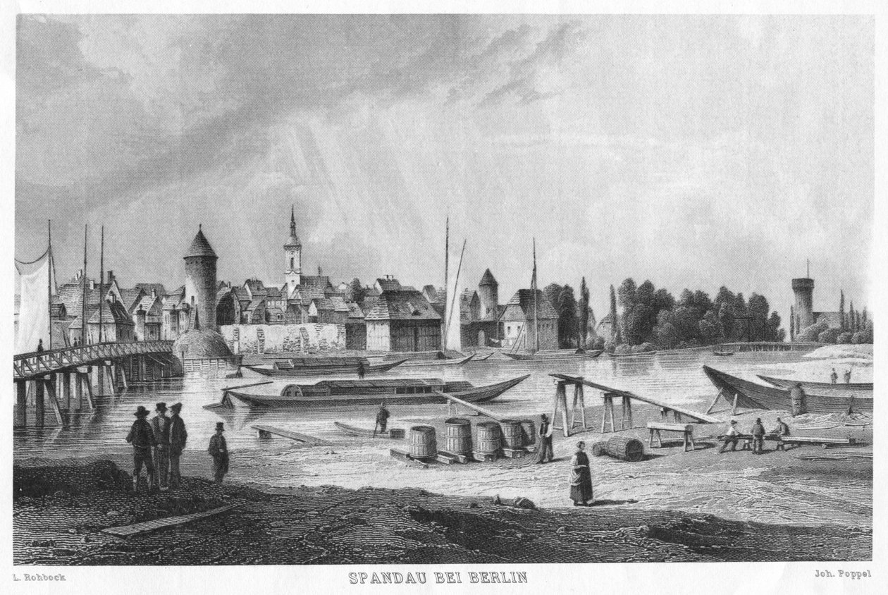 Historische Ansicht von Spandau bei Berlin. Stahlstich. Blick vom Stresow auf die Altstadt von Spandau. Im Vordergrund der Schiffsbauplatz auf dem Stresow, links die Stresow-Brücke (später Charlottenbrücke) door Joh. Poppel L. Rohbock