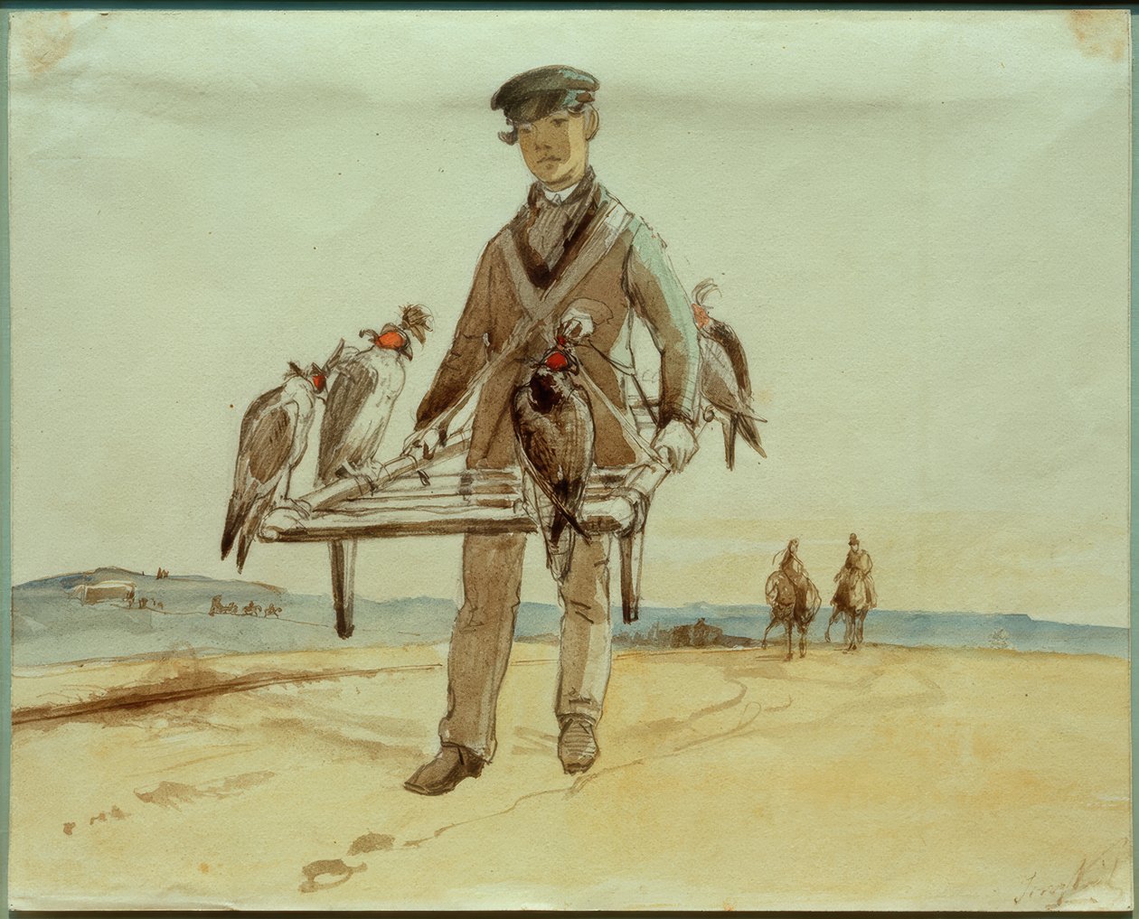 Valkenier met valk in Het Loo bij Apeldoorn door Johan-Barthold Jongkind