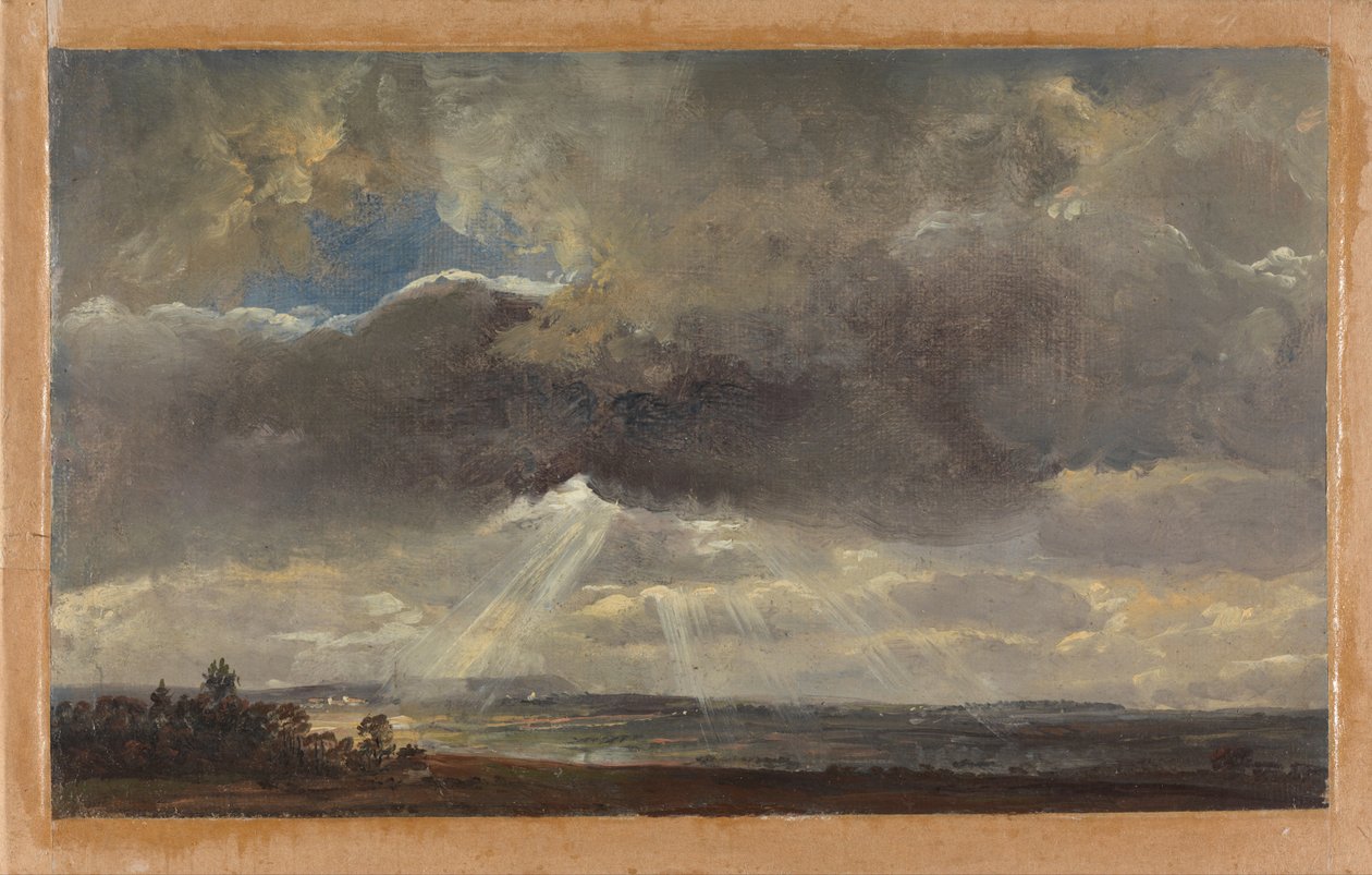 Wolken en Zonnestralen boven de Windberg bij Dresden door Johan Christian Dahl