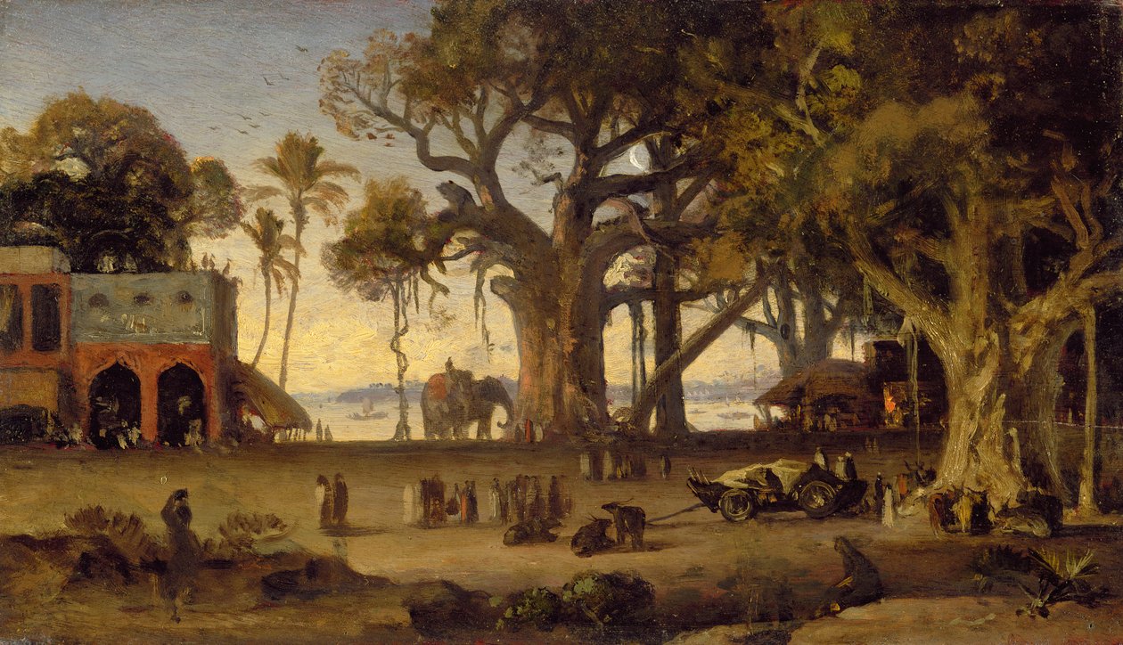 Maanverlichte scène van Indiase figuren en olifanten tussen banyanbomen, Boven-India (waarschijnlijk Lucknow) door Johan Joseph Zoffany