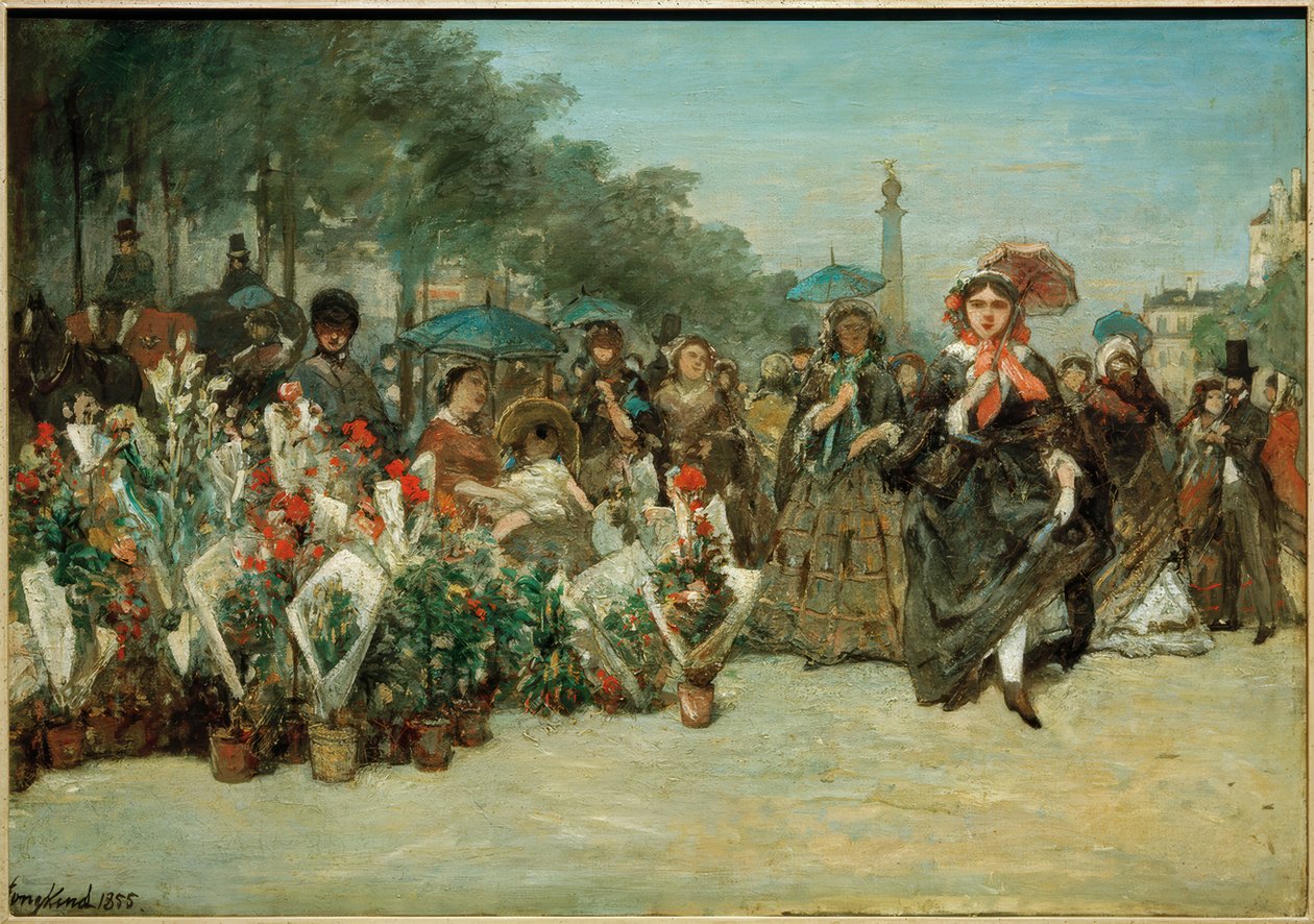 Bloemenmarkt op de Boulevard Richard-Lenoir door Johan Barthold Jongkind