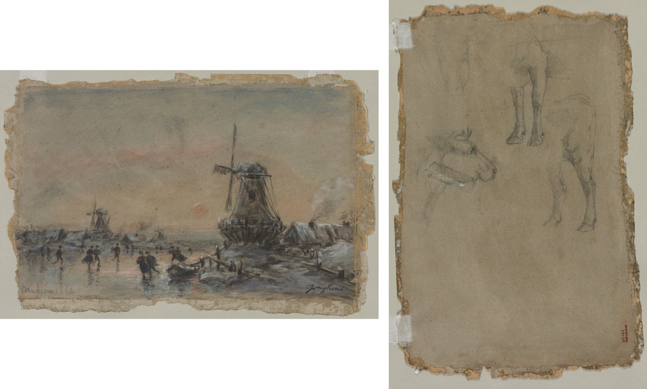 Gezicht op Arnhem (recto) Studies van een Stier (verso) door Johan Barthold Jongkind