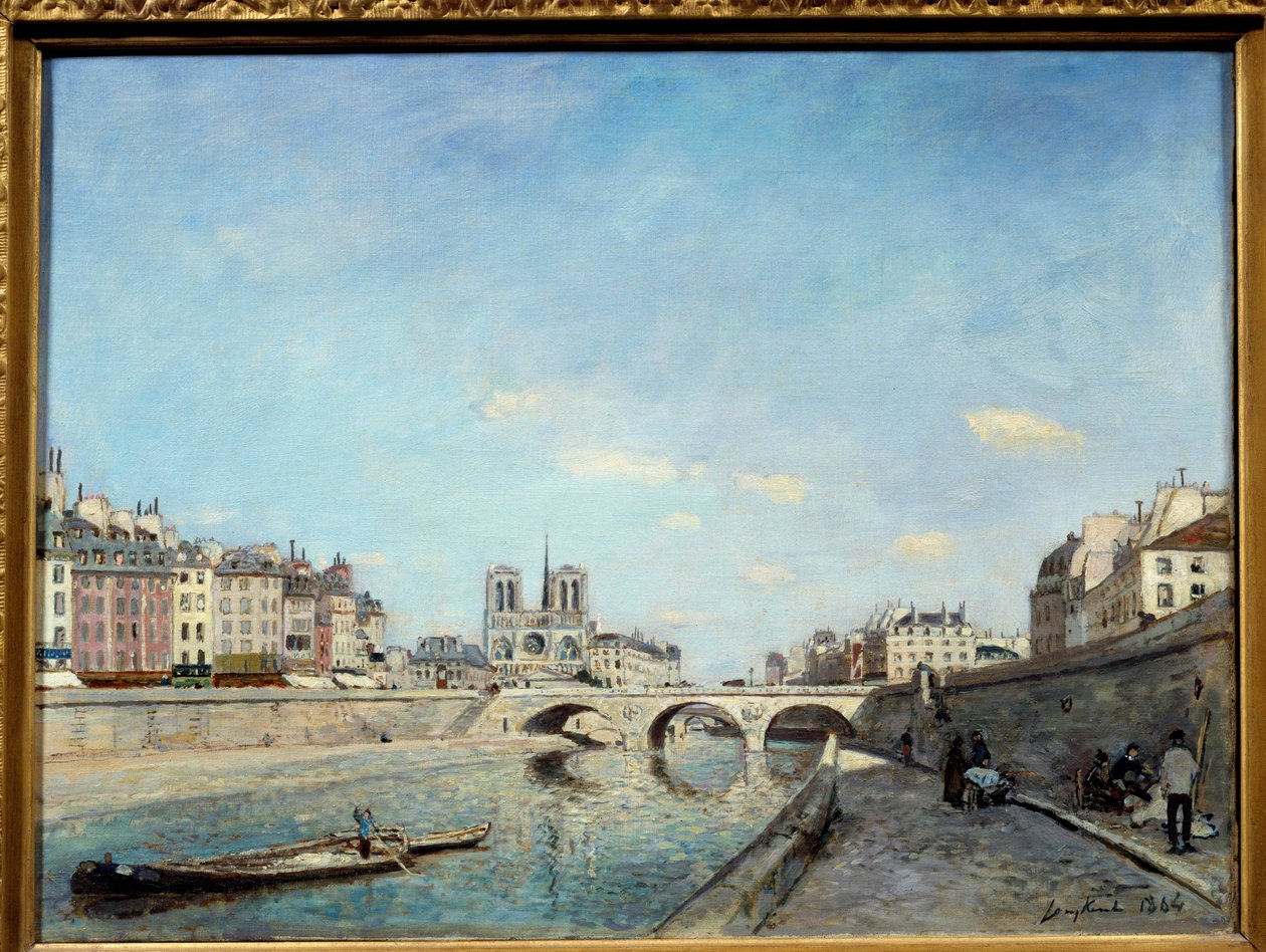 Uitzicht op de oevers van de Seine en de Notre Dame Kathedraal in Parijs door Johan Barthold Jongkind