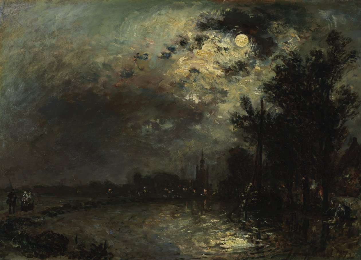 Uitzicht op Overschie bij maanlicht, 1872 door Johan Barthold Jongkind