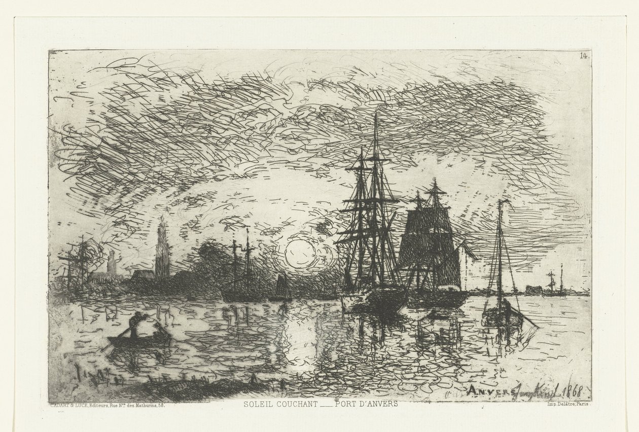 Zonsondergang bij de haven van Antwerpen door Johan Barthold Jongkind