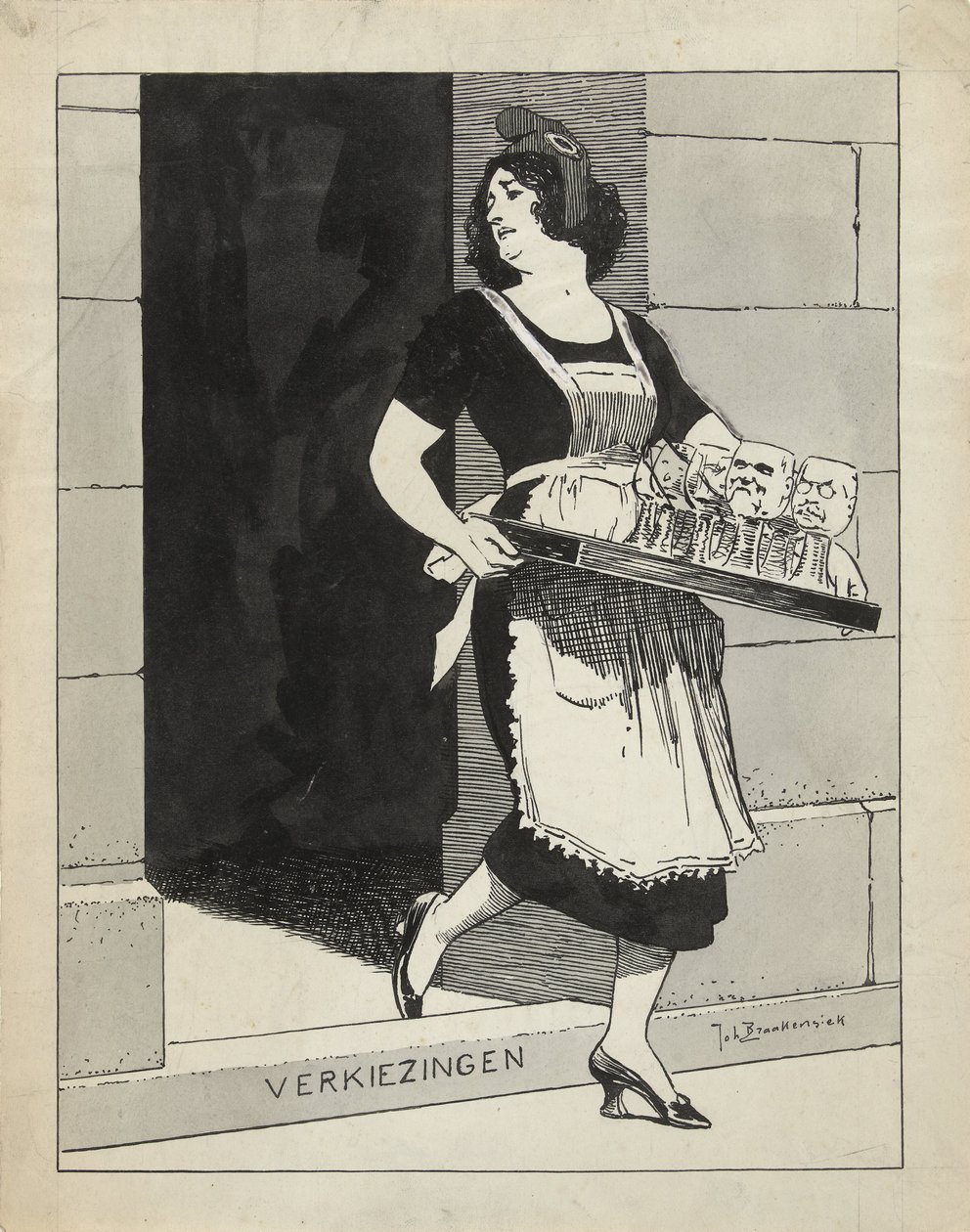 Ontwerp voor illustratie in De Amsterdammer: De Nederlandse Maagd als dienstmeid met een blad glazen struikelt over het afstapje Verkiezingen (17 Mei 1924) door Johan Braakensiek