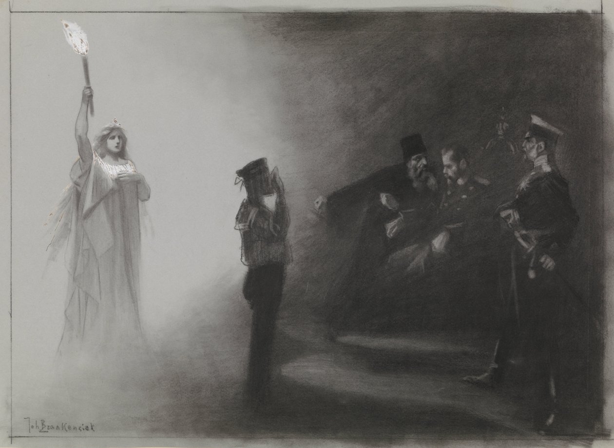 Ontwerp voor illustratie in De Amsterdammer: De nederlaag van Rusland ter Zee, 4 juni 1905 door Johan Braakensiek