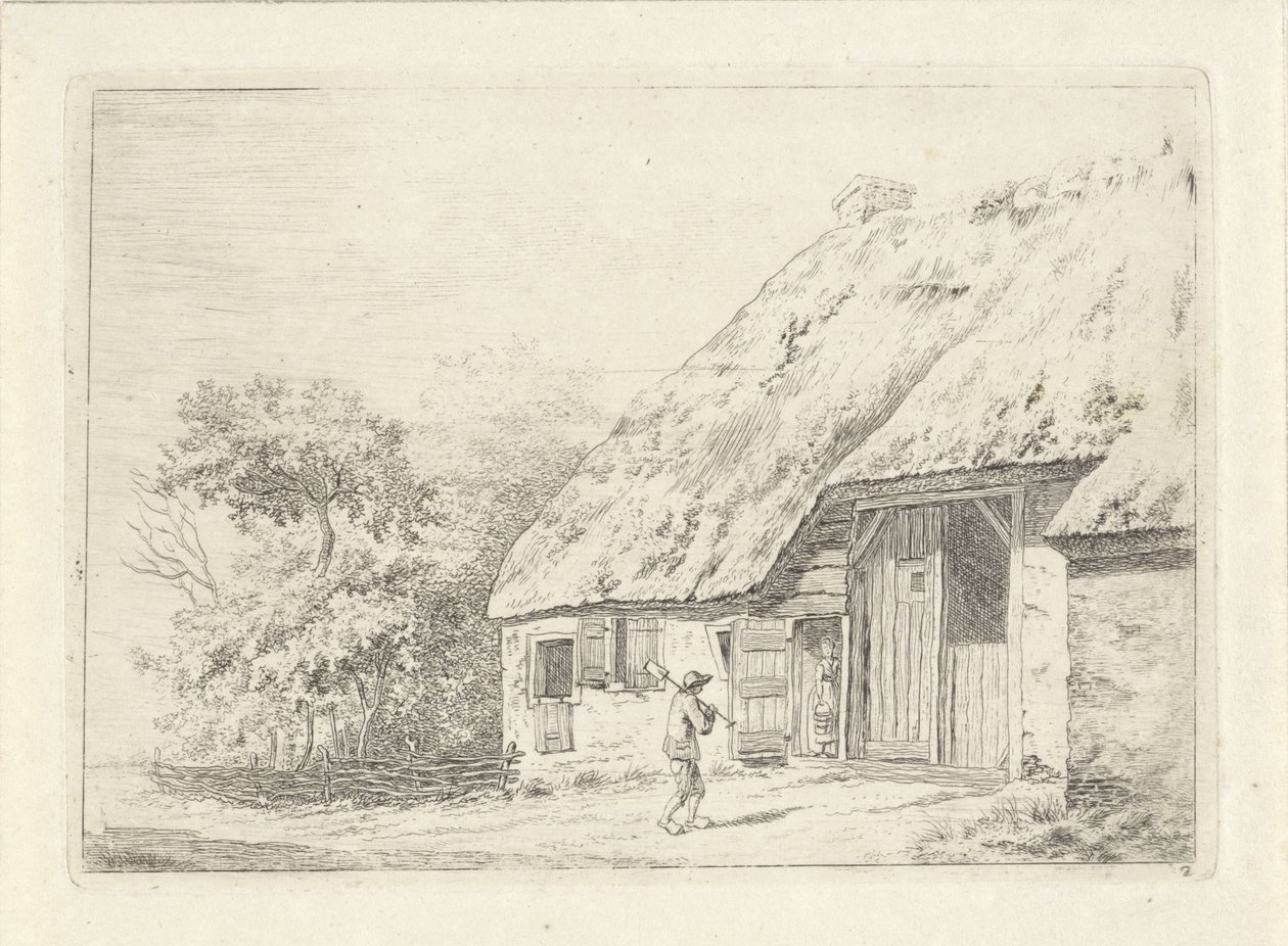 Man met een spade bij een boerderij door Johan Christiaan Willem Safft