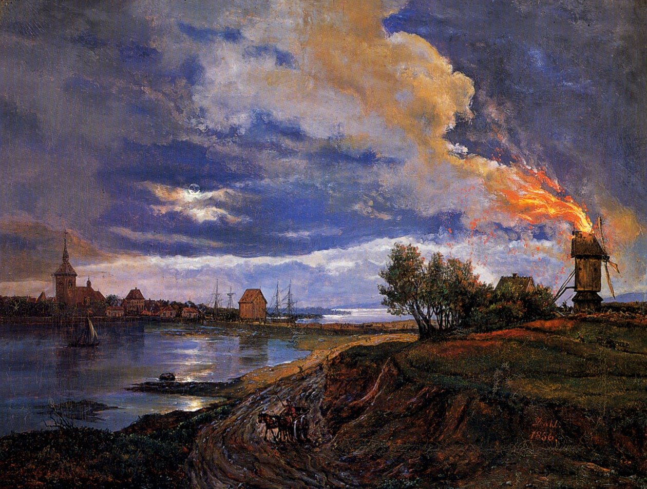 Brandende windmolen bij Stege door Johan Christian Dahl