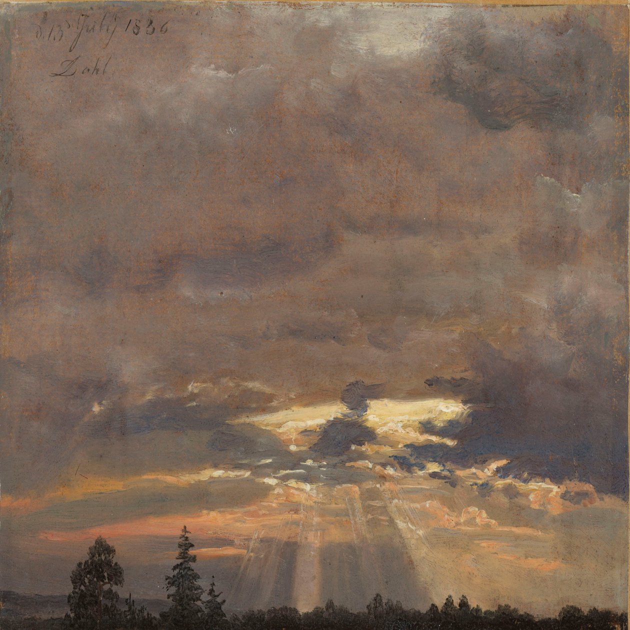 Wolkenstudie met zonnestralen door Johan Christian Dahl