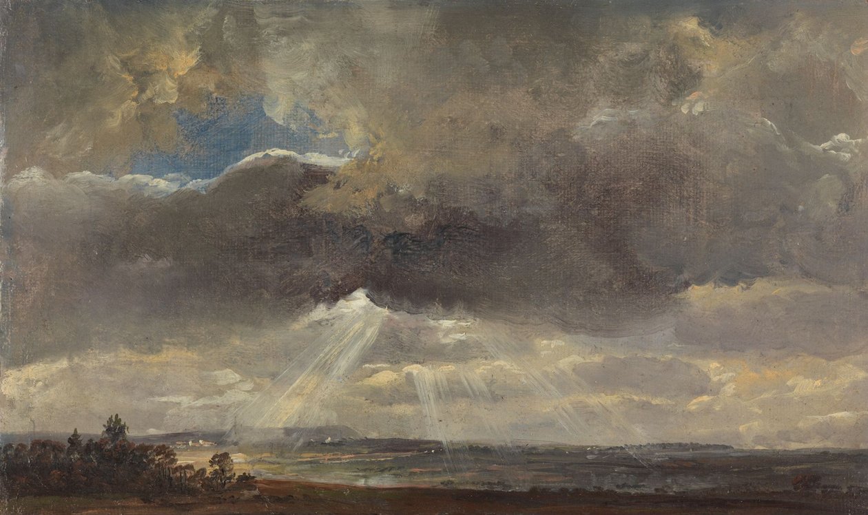 Wolken en zonnestralen boven de Windberg bij Dresden door Johan Christian Dahl