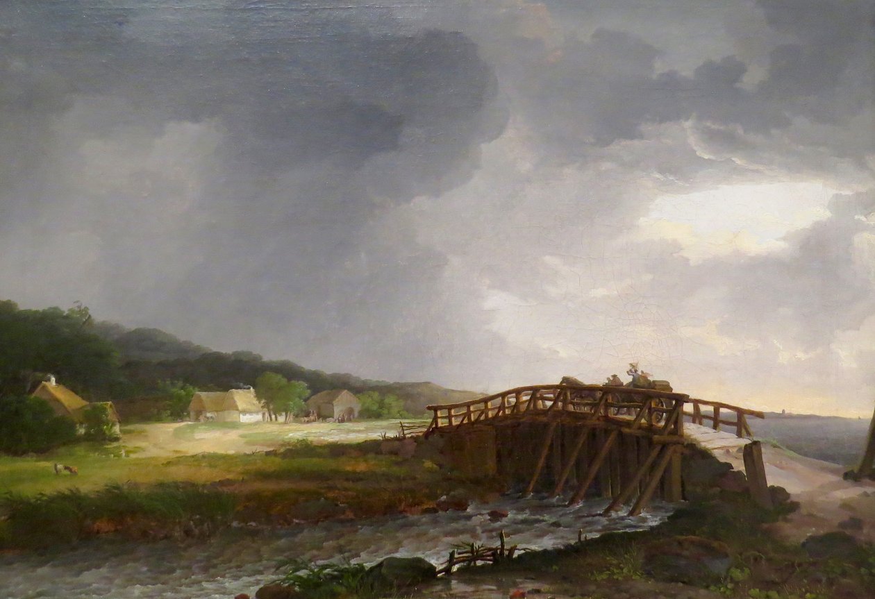 Deens: De brug over de rivier de Tryggevælde met uitzicht op Køge De brug over de rivier de Tryggevælde met uitzicht op Køge, Zeeland door Johan Christian Dahl