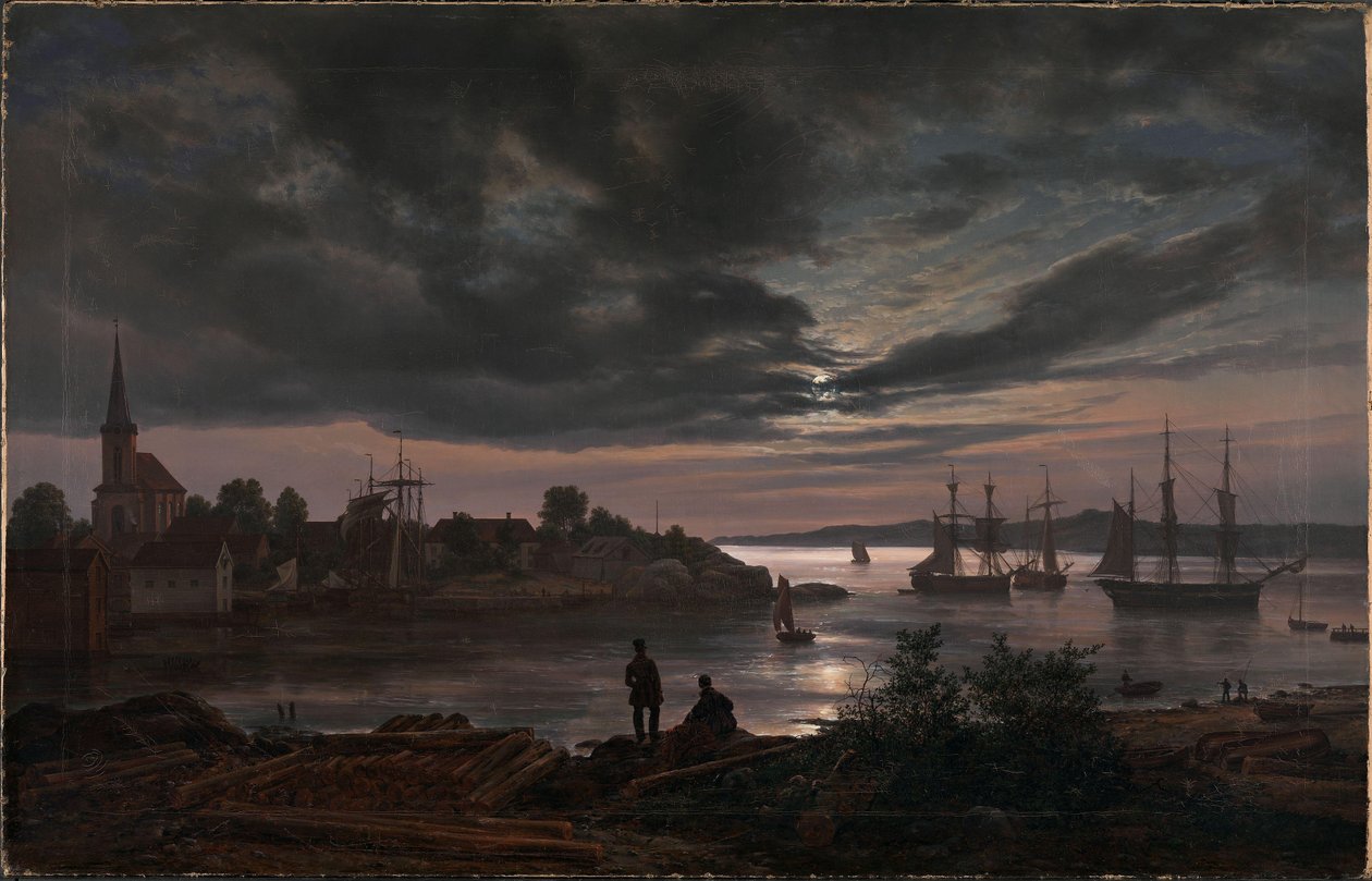 Noors:  Larvik haven bij maanlicht Larvik bij maanlicht door Johan Christian Dahl