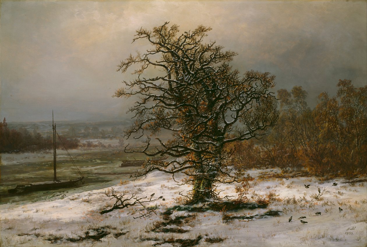 Eikenboom bij de Elbe in de winter door Johan Christian Dahl