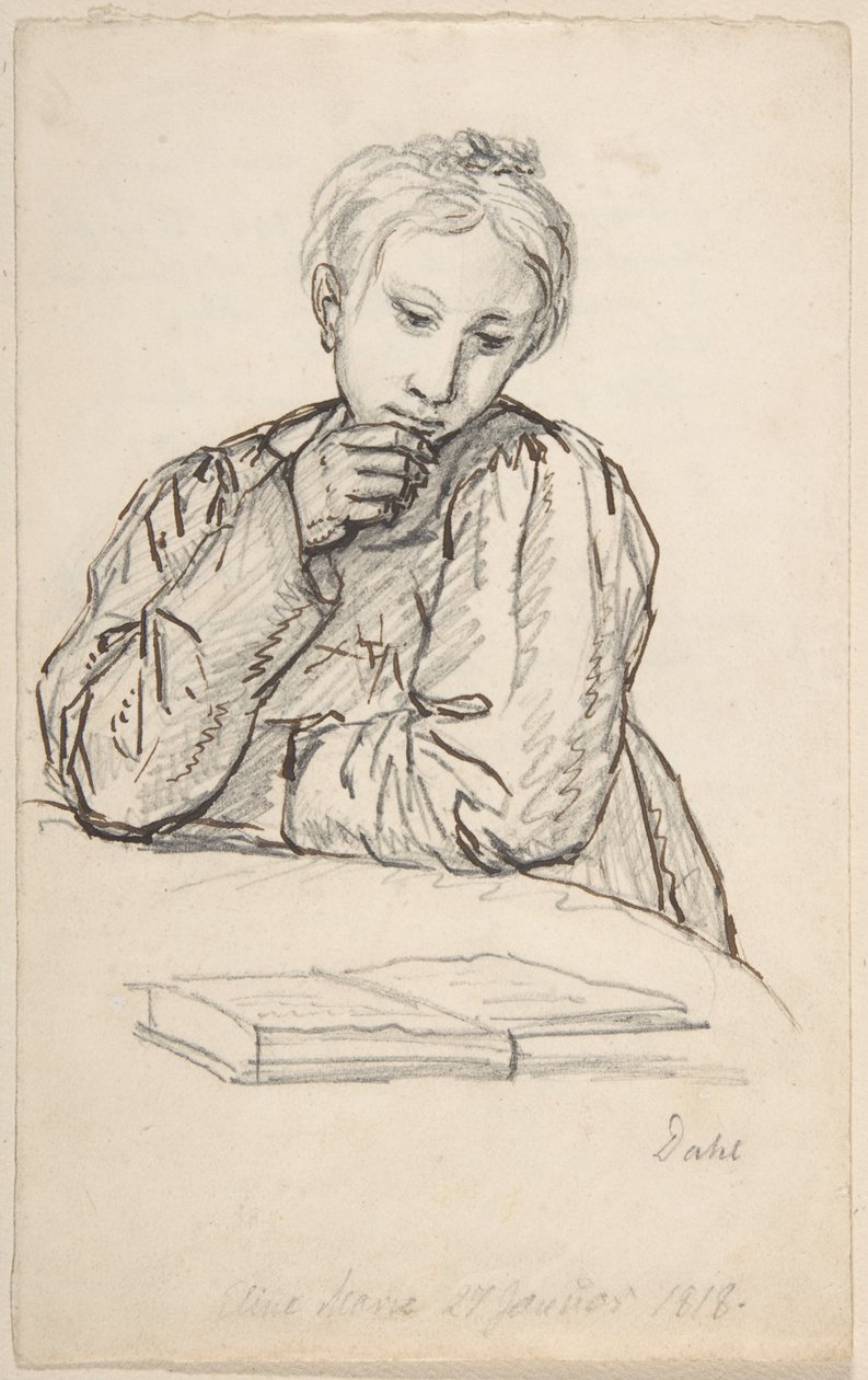Portret van Eline Marie Heger als kind, leunend op een tafel, terwijl ze in een boek kijkt door Johan Christian Dahl