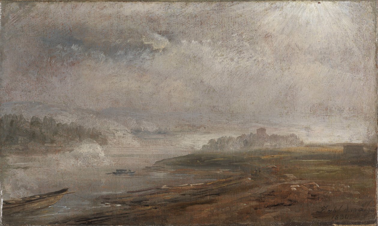 De Elbe op een mistige ochtend door Johan Christian Dahl
