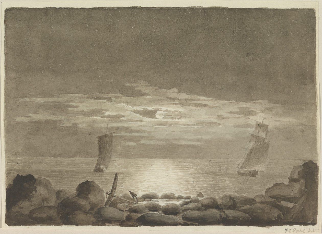 Twee schepen in maanlicht door Johan Christian Dahl