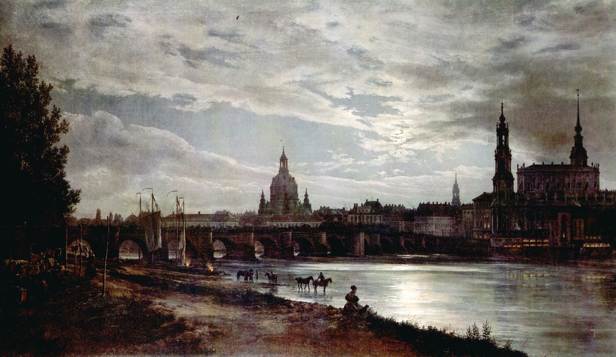 Uitzicht op Dresden bij maanlicht door Johan Christian Dahl
