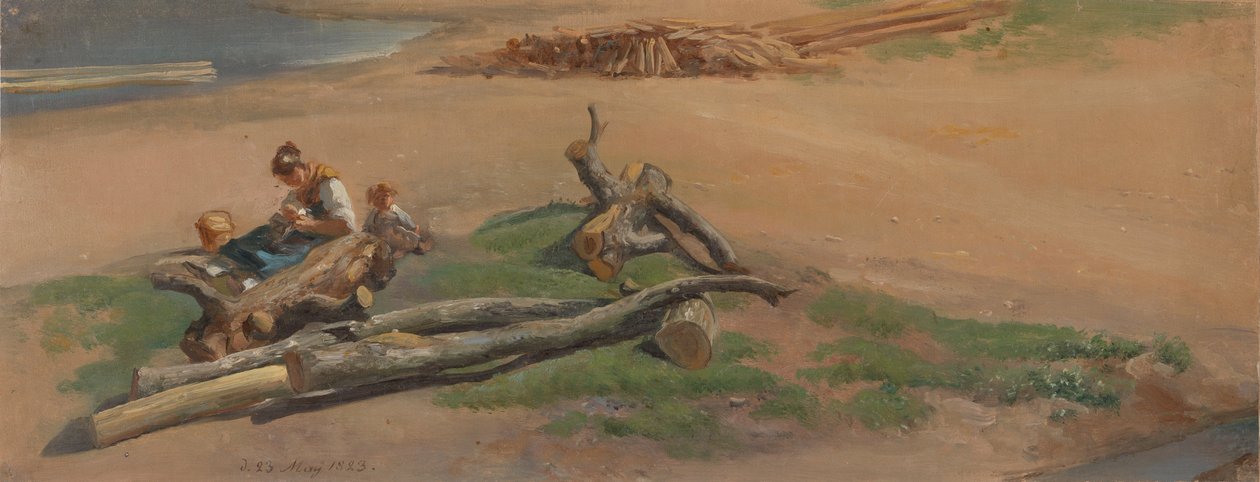 Vrouw en kind op een rivieroever door Johan Christian Dahl