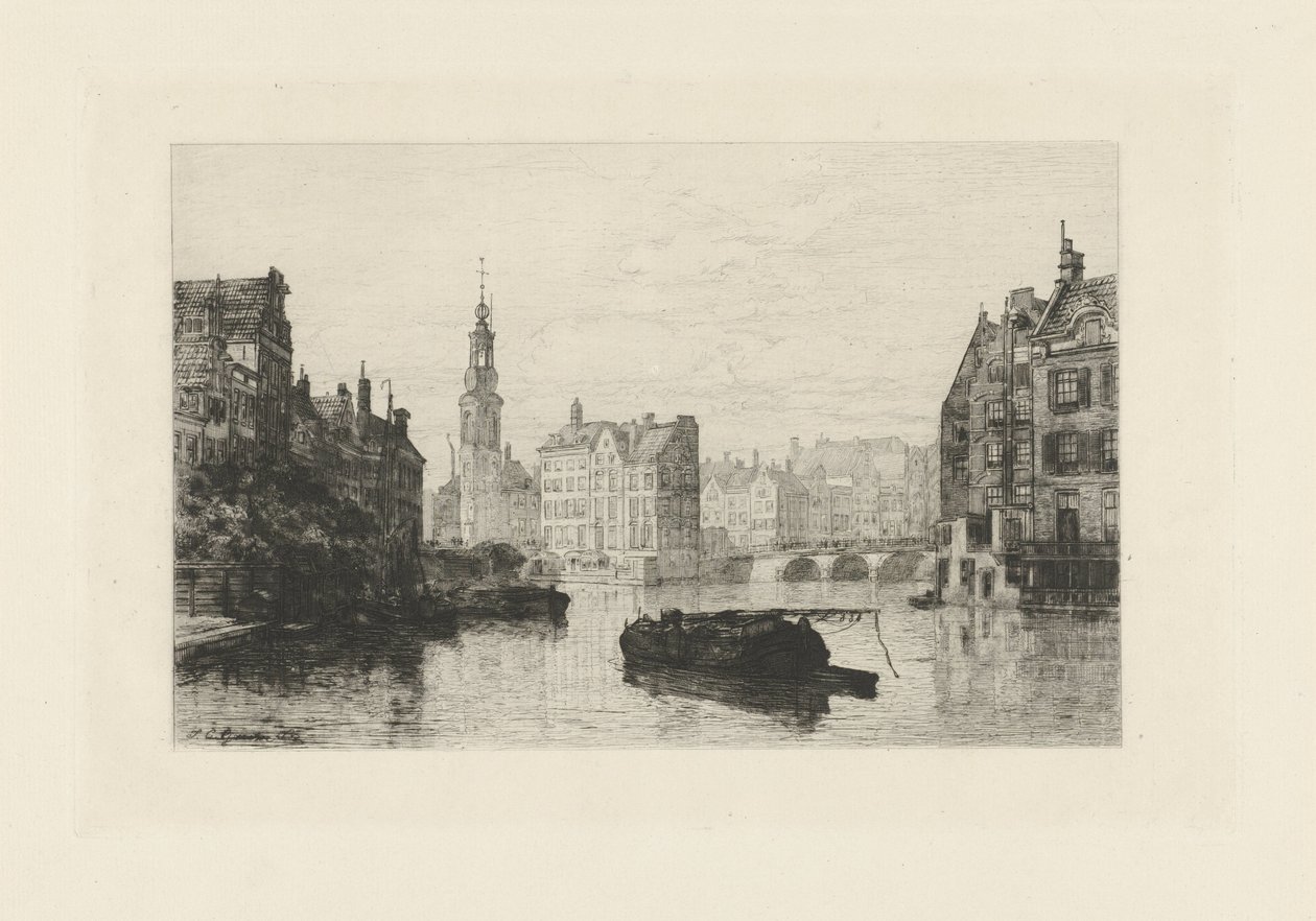 Gezicht op de Munttoren in Amsterdam door Johan Conrad Greive