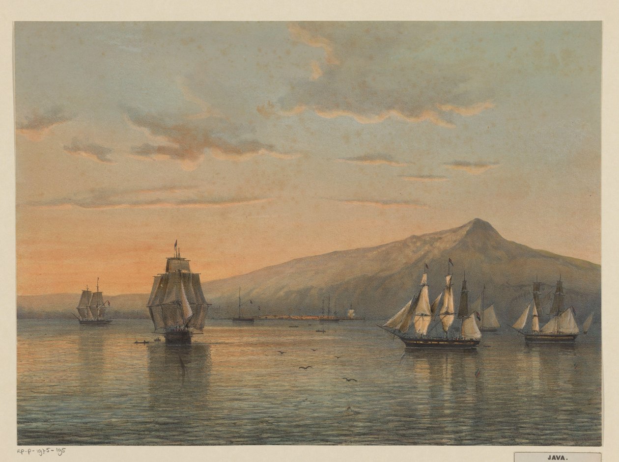 Gezicht op de ankerplaats bij Anjer op Java, noordkust van Java (residentie Bantam) door Johan Conrad Greive