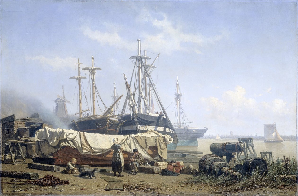 Middagpauze op een scheepswerf aan de Maas door Johan Conrad Greive
