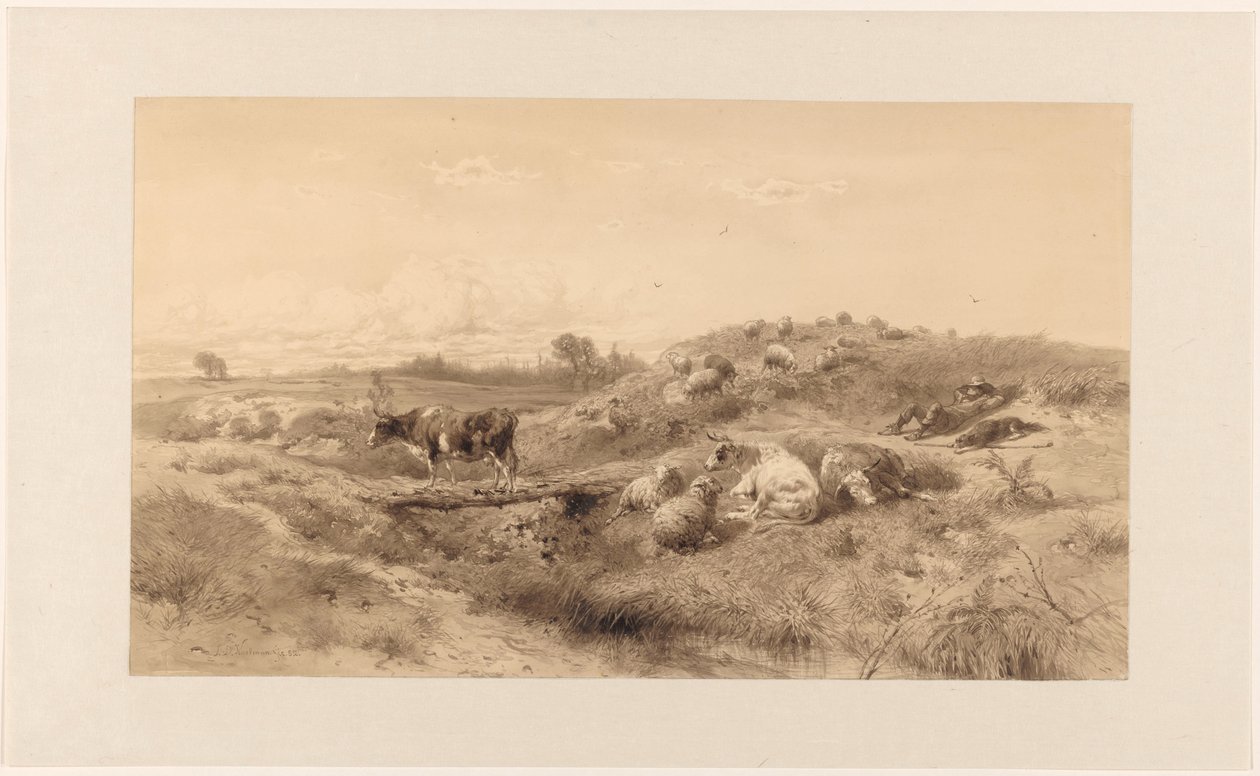 Landschap met vee en rustende herder door Johan Daniël Koelman