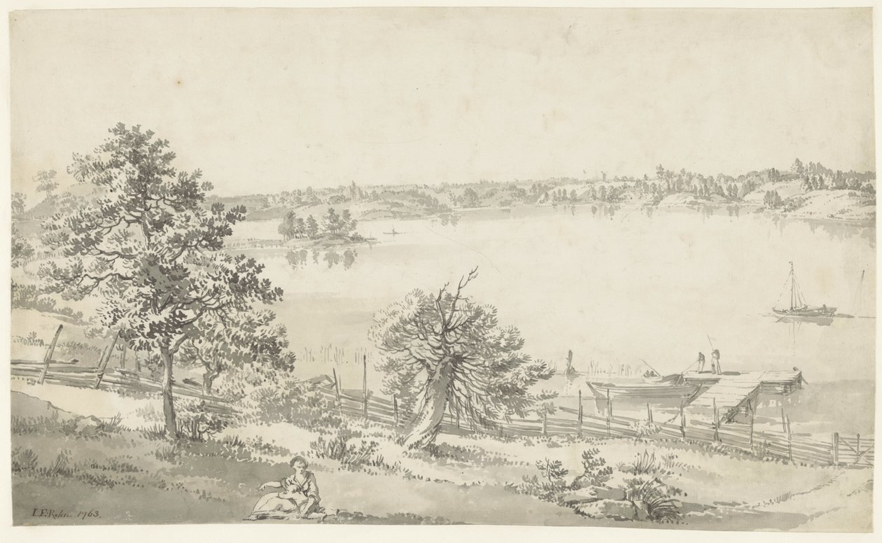 Gezicht op een breed water in de bergen met figuren op de voorgrond door Johan Eric Rehn