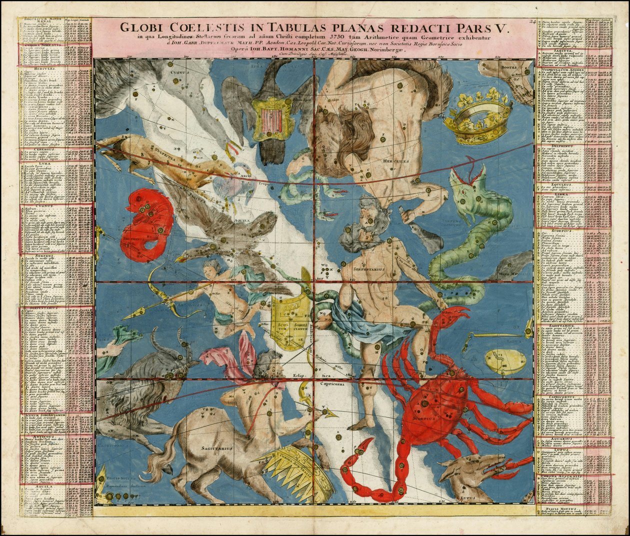 1730 hemelkaart - Globi Coelestis In Tabulas Planas Redacti Pars V door Johan Gabriel Doppelmayr
