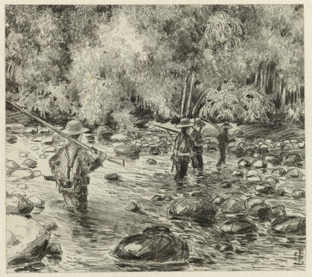 Soldaten die door rivier waden door Johan Gerard Sinia