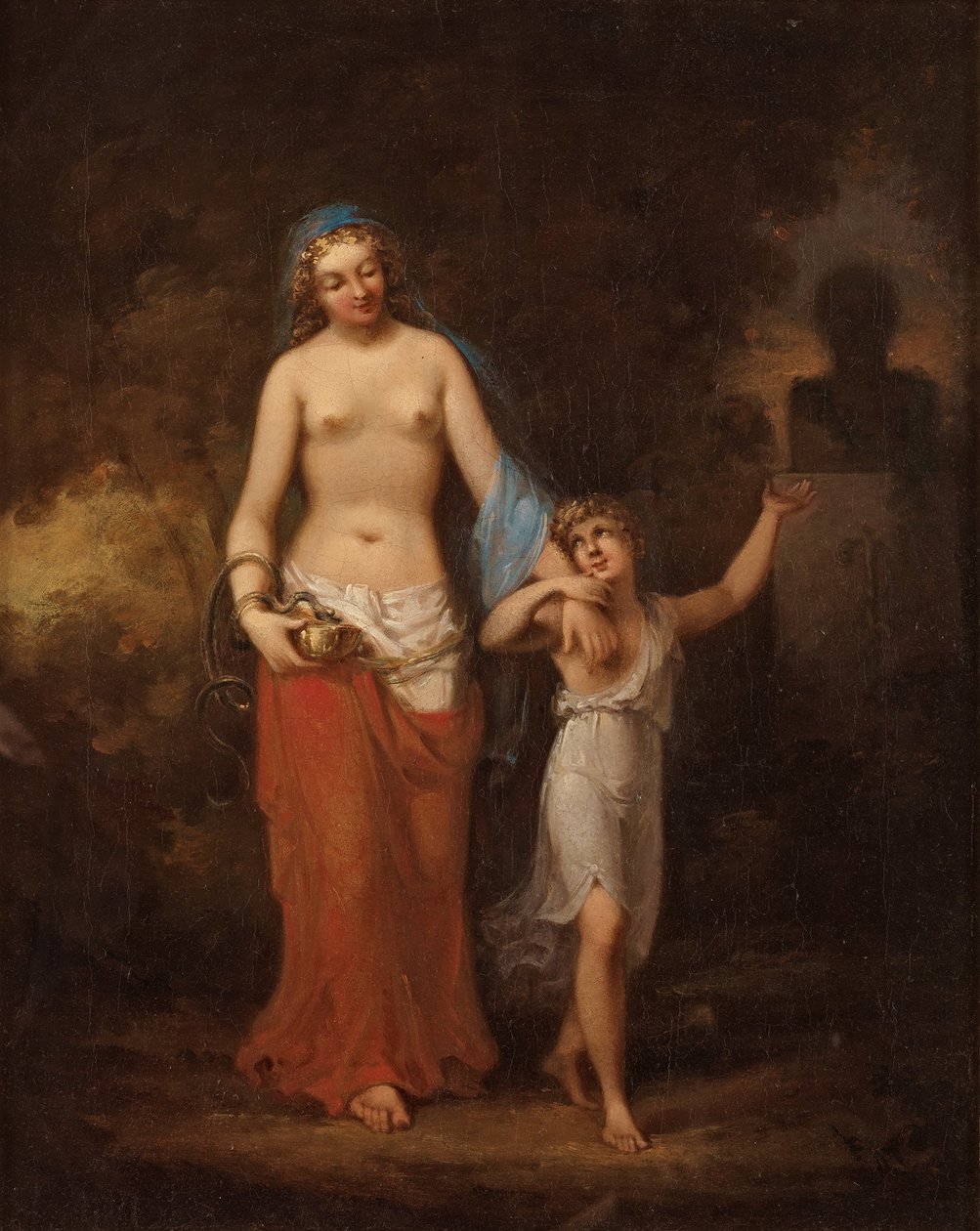Caesarion wijst haar moeder op een buste van zijn vader door Johan Gustaf Sandberg