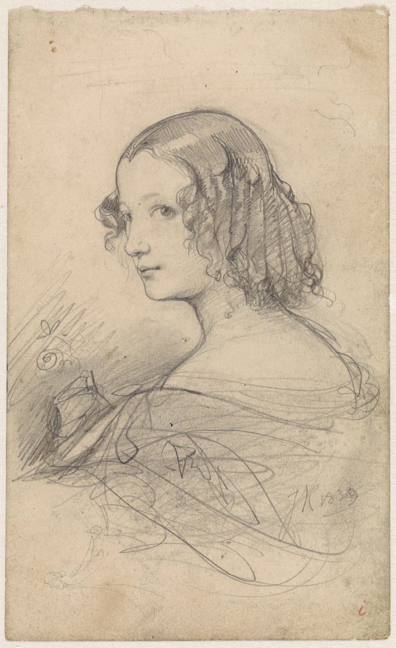 Portret van een jonge vrouw met pijpenkrullen, naar links door Johan Hendrik Koelman
