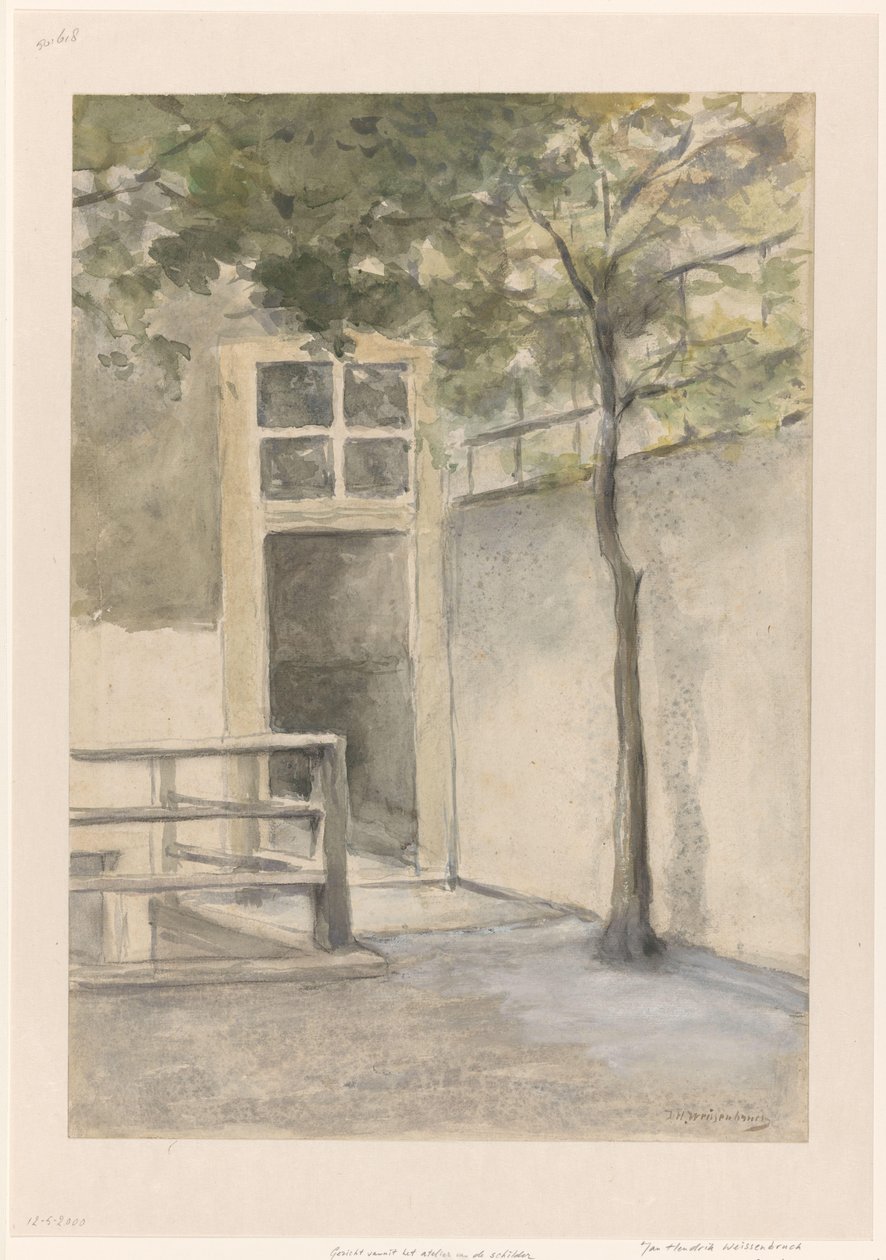 Gezicht op een binnenplaats vanuit het atelier van de kunstenaar in de Kazernestraat te Den Haag door Johan Hendrik Weissenbruch (signed by artist)