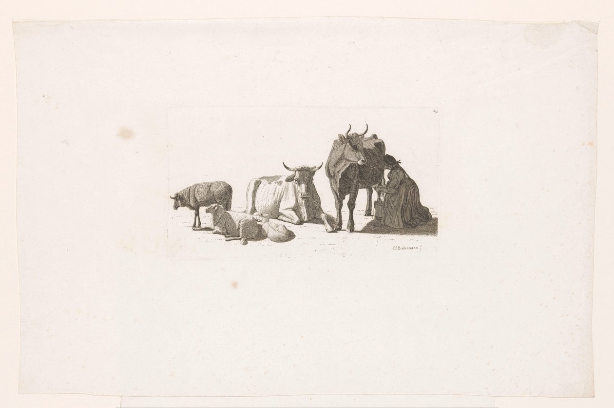 Vrouw die een koe melkt, met rundvee en schapen door Johan Jakob Biedermann