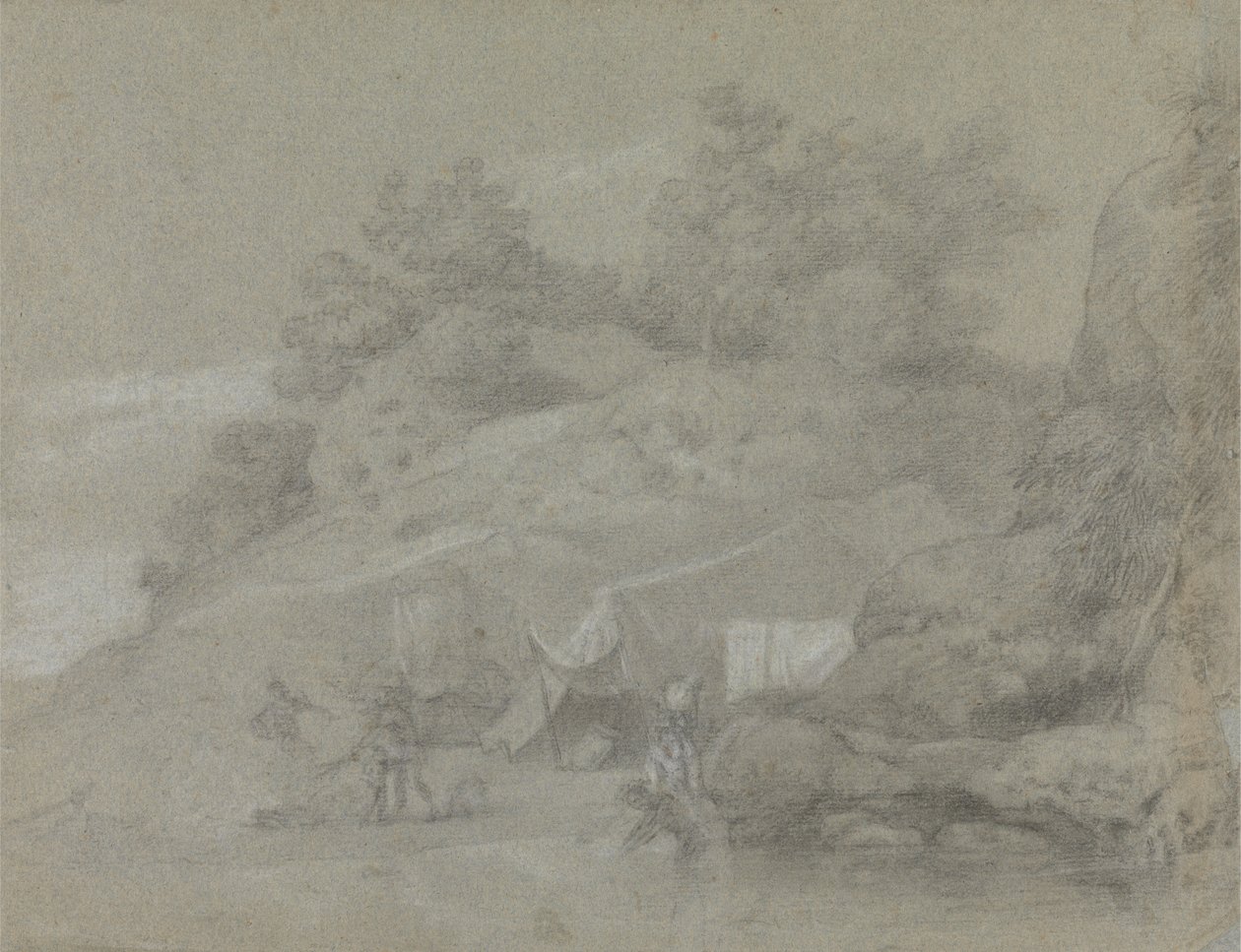Een rivier bij een rotsachtige oever met figuren, mogelijk in India door Johan Joseph Zoffany