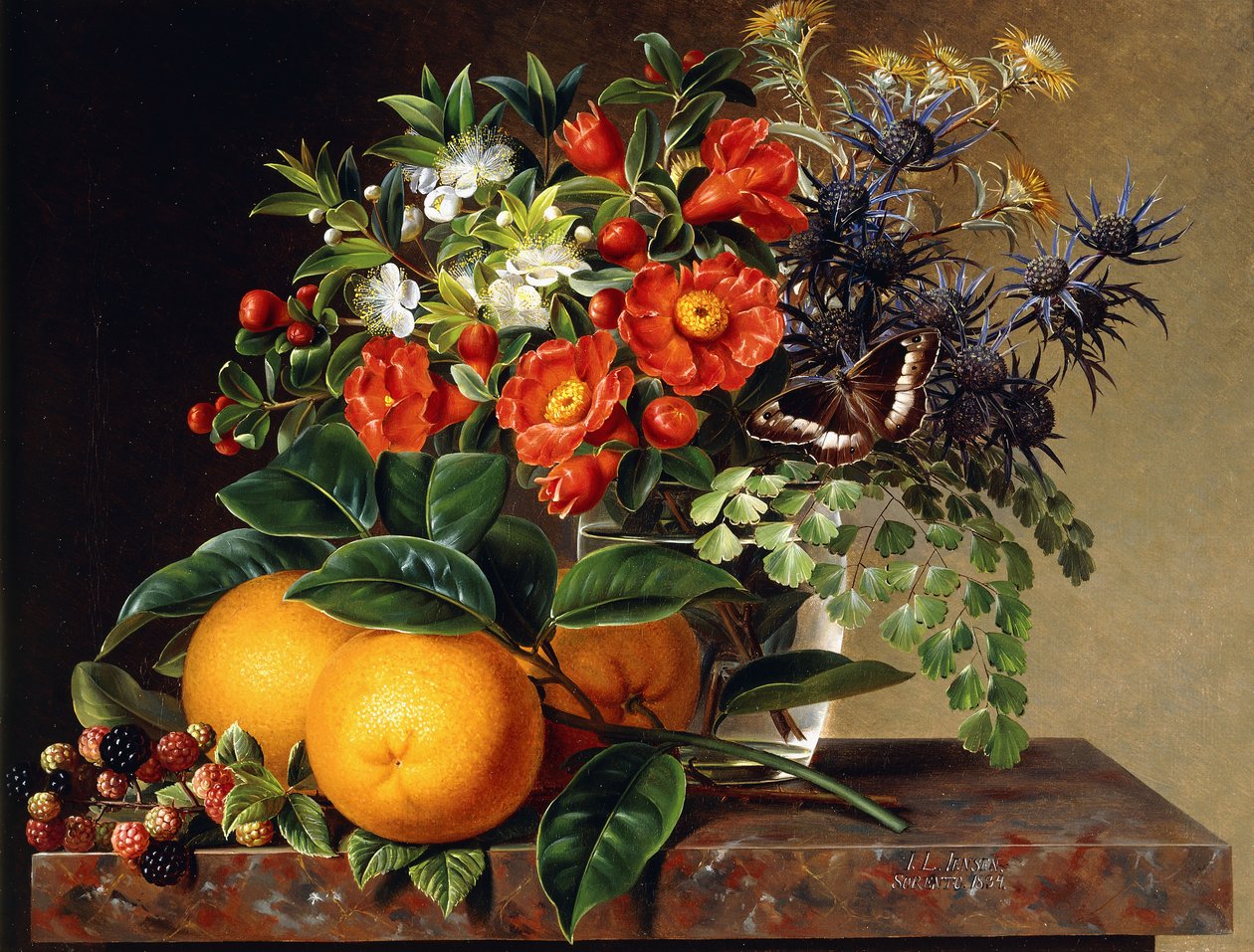 Sinaasappels, bramen en een vaas met bloemen op een richel, 1834 door Johan Laurents Jensen