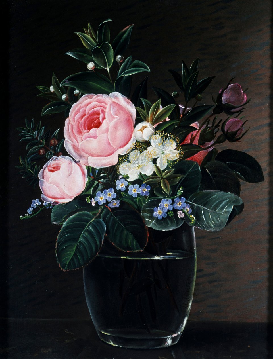 Rozen en vergeet-me-nietjes in een glazen vaas. Schilderij van Johan Laurentz Jensen (1800-1856) Privécollectie. door Johan Laurents Jensen